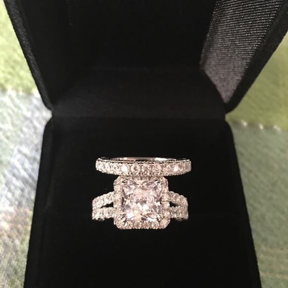 2pcs 925 Silver Engagement Ring Wedding Band Set - Picture 2 of 7